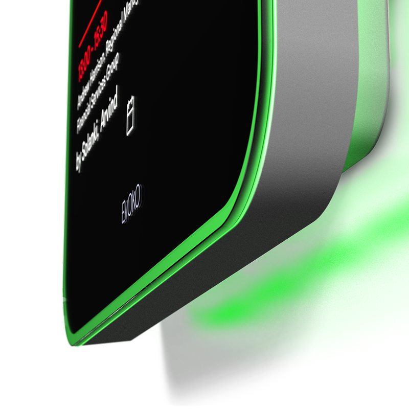 Close-up of an Evoko Liso room booking panel with its green availability light