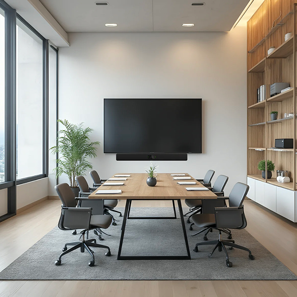 Meeting room with a wall-mounted display above a conference table